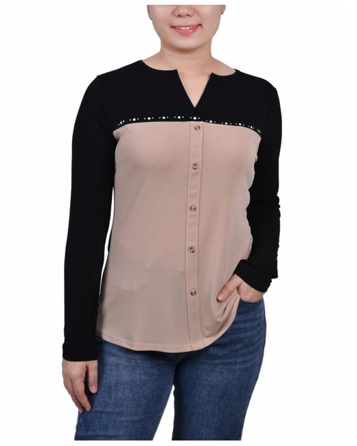 Ny Collection Petite Long Sleeve Studded Colorblocked Split Neck Top
