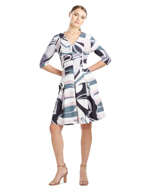 Natori Printed V-Neck Pleat-Skirt Dress