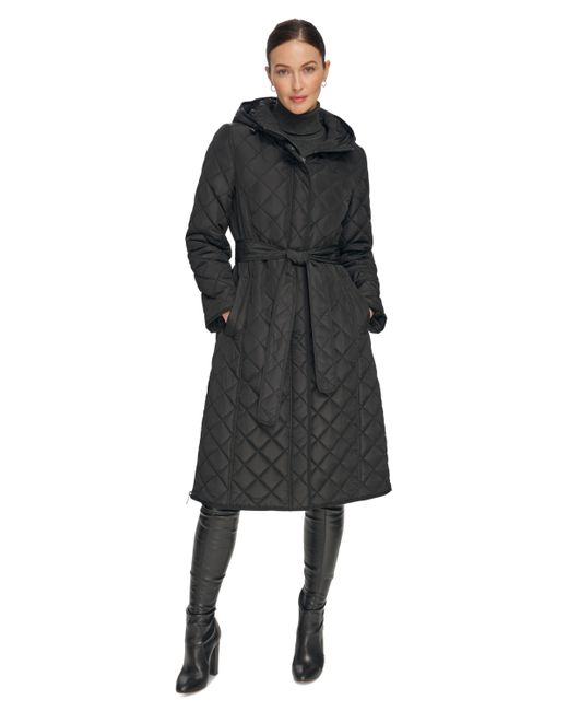 Dkny Hooded Belted Quilted Coat