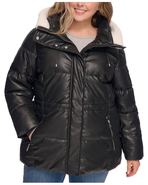 Dkny Plus Faux-Leather Faux-Shearling Hooded Anorak Puffer Coat