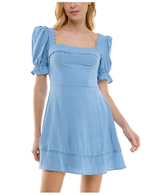 B Darlin Juniors Puff-Sleeve Lace-Trim Mini Dress