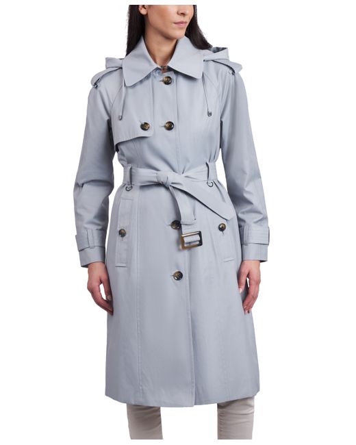 London Fog Petite Single-Breasted Hooded Belted Trench Coat