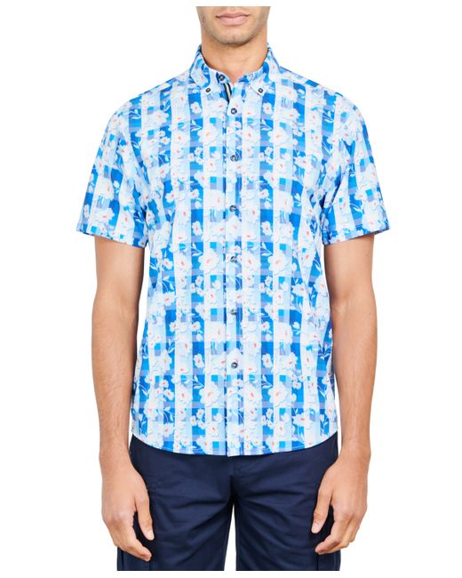 Society Of Threads Slim-Fit Performance Stretch Gingham Floral Short-Sleeve Button-Down Shirt