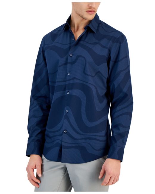 Alfani Ocean Wave Regular-Fit Stretch Printed Button-Down Shirt Created for