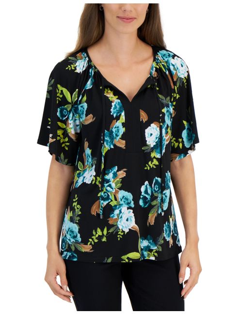 Jm Collection Flourishing Floral Split-Neck Top Created for