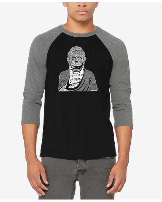 La Pop Art Raglan Baseball 3/4 Sleeve Buddha Word Art T-shirt Black