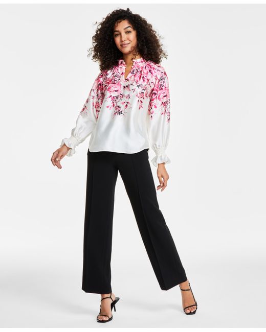 AK Anne Klein Ruffled-Neck Floral-Print Top Created for Camellia Multi