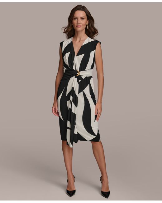 Donna Karan Printed Gathered Sleeveless Midi Dress