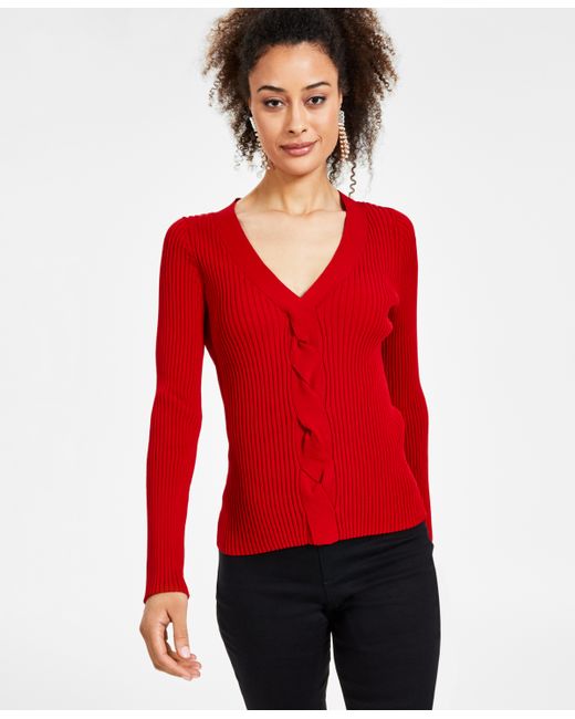I.N.C. International Concepts Ribbed Cable-Front V-Neck Sweater Created for