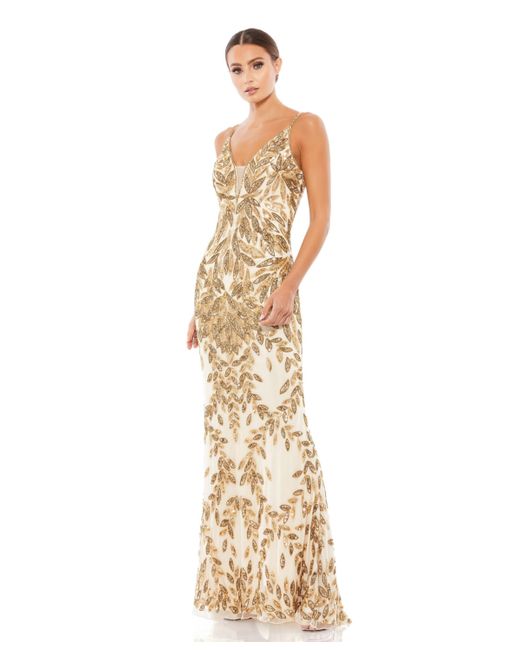 Mac Duggal Sequined Sleeveless Plunge Neck Trumpet Gown gold
