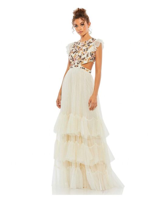 Mac Duggal Embroidered Bodice Cap Sleeve Ruffle Tiered Gown