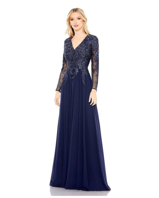 Mac Duggal Embroidered Illusion Long Sleeve V Neck Gown