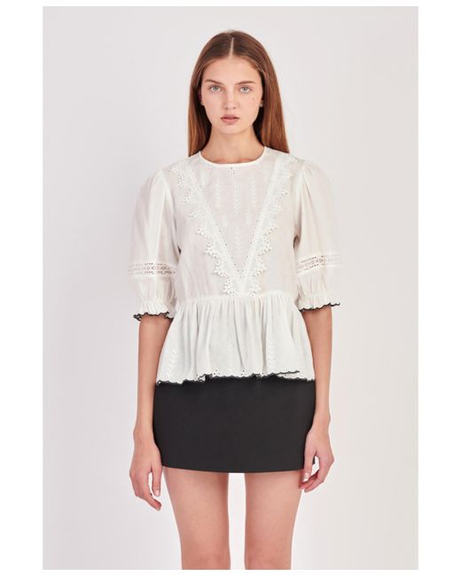 English Factory Embroidered Blouse with Scalloped Hem