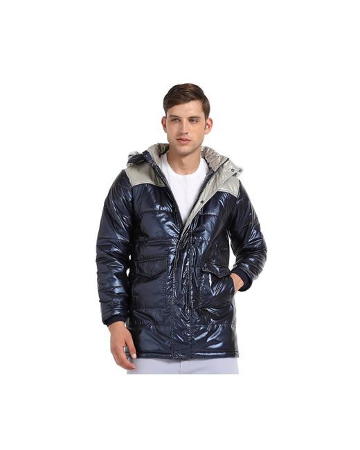 Campus Sutra Blue Beige Zip-Front Puffer Jacket With Fur Detail