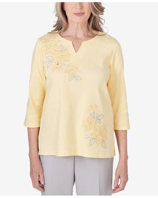 Alfred Dunner Charleston Three Quarter Sleeve Embroidered Floral Details Top