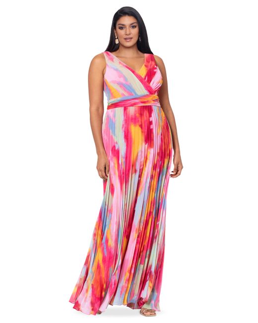 Xscape Plus Printed V-Neck Ruched-Waist Pleated Gown