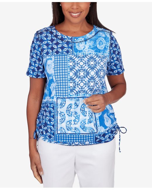 Alfred Dunner Petite Blue Bayou Patchwork Ikat Ruched T-Shirt