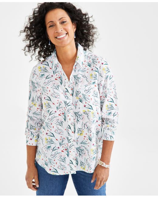 Style & Co Petite Printed Linen Blend Button-Up Shirt Created for