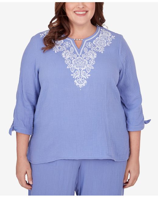 Alfred Dunner Plus Summer Breeze Embroidered Top with Tie Sleeves