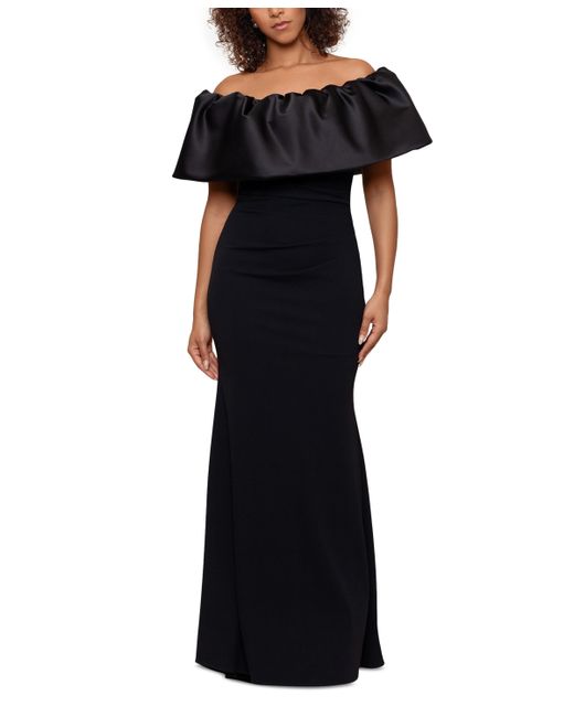 Betsy & Adam Off-The-Shoulder Ruffle Gown