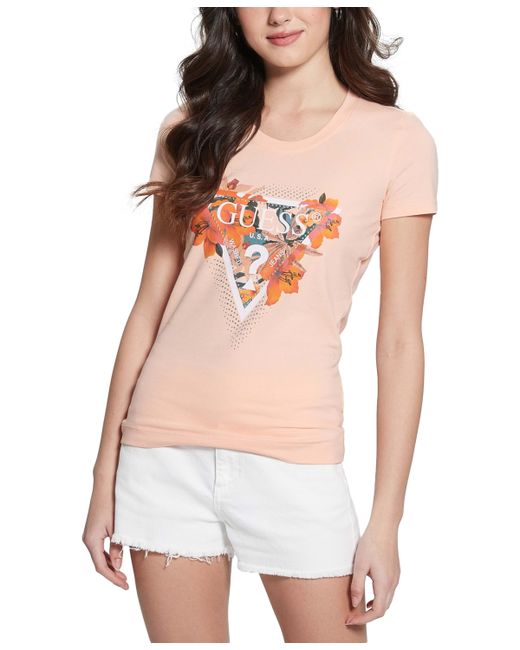 Guess Triangle Floral Logo Embellished T-Shirt