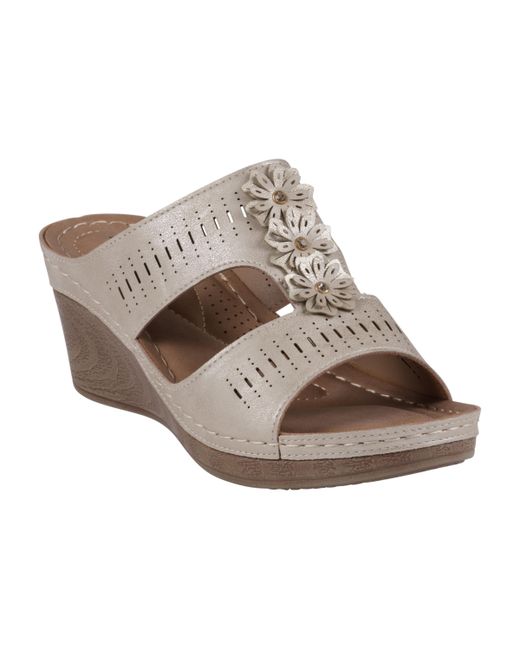GC Shoes Perforated T-Strap Flower Slip-On Wedge Sandals
