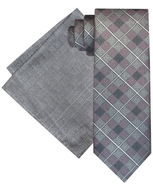 Steve Harvey Extra Long Ornate Grid Tie Pocket Square Set