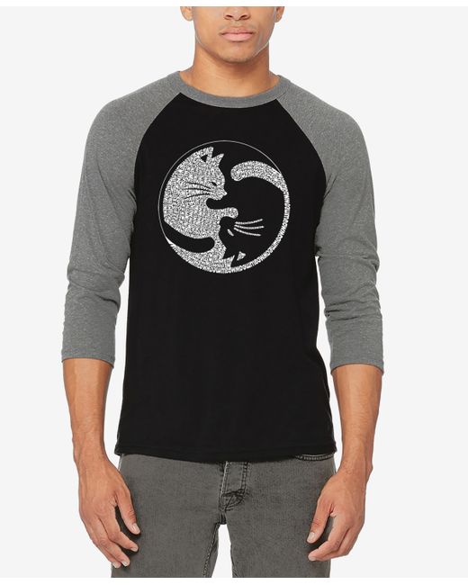 La Pop Art Raglan Sleeves Yin Yang Cat Baseball Word Art T-shirt Black