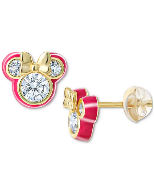 Disney Cubic Zirconia Deep Pink Enamel Minnie Mouse Stud Earrings 18k Gold-Plated Sterling