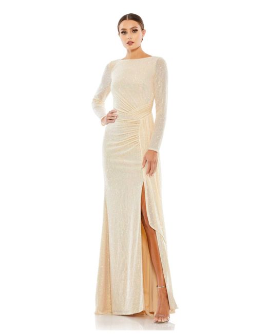Mac Duggal Ieena Sequined Ruched Long Sleeve Boat Neck Gown