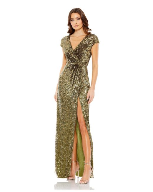 Mac Duggal Sequined Faux Wrap Cap Sleeve Gown