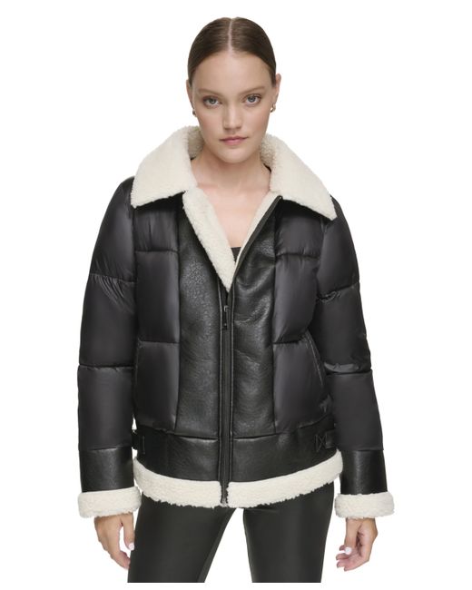 Andrew Marc Sport Mixed Puffer Jacket With Faux Leather and Sherpa Trim