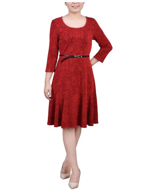 Ny Collection 3/4 Sleeve Jacquard Ponte Belted Dress