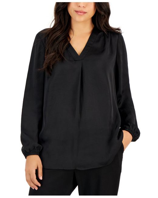 AK Anne Klein Petite Long-Sleeve V-Neck Pleated-Front Blouse
