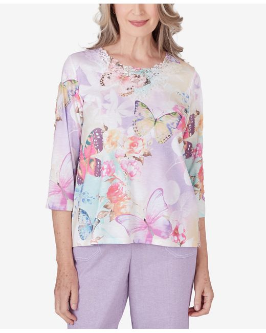 Alfred Dunner Petite Garden Party Three Quarter Sleeve Butterfly Top