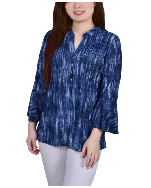 Ny Collection Petite 3/4 Bell Sleeve Printed Pleat Front Y-neck Top