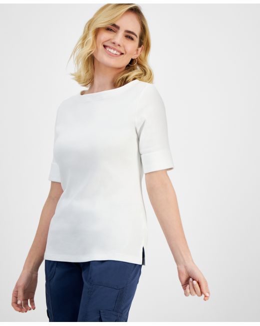 Style & Co Petite Cotton Elbow-Sleeve Boat-Neck Top Created for