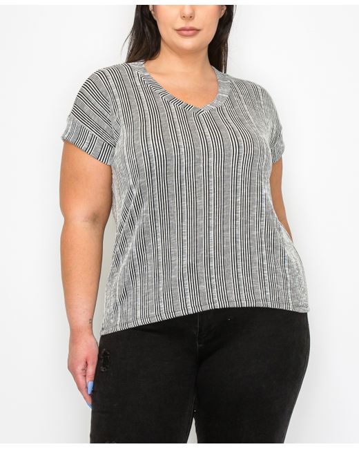 Coin 1804 Plus Variegated Textured Stripe V Neck Band Sleeve Top