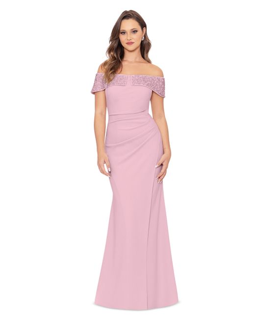 Betsy & Adam Beaded Off-The-Shoulder Gown