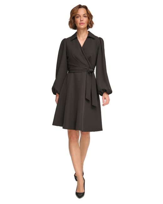 Dkny Collared V-Neck Balloon-Sleeve Belted Dress