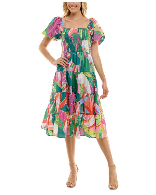 Crystal Doll Juniors Printed Tiered Puff-Sleeve Dress