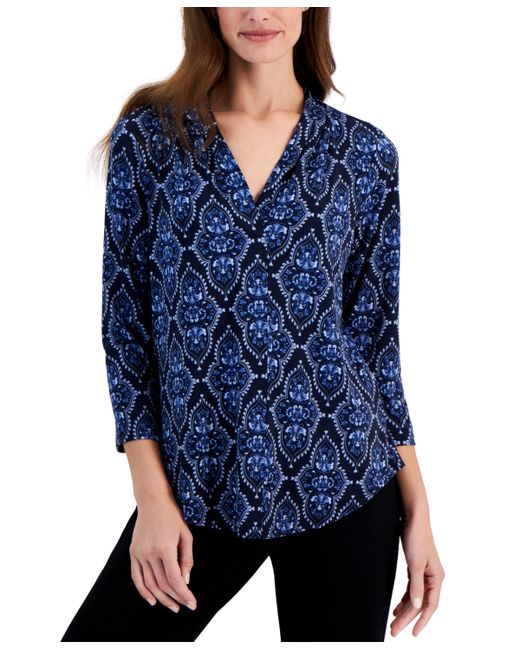Jm Collection Printed 3/4 Sleeve V-Neck Knit Top Created for
