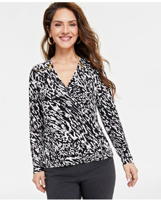 I.N.C. International Concepts Petite Printed Zip-Detail Top Created for