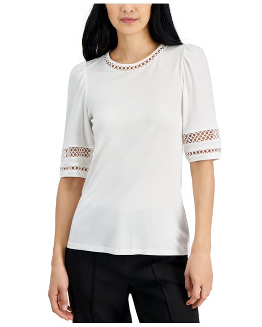AK Anne Klein Harmony Lace-Inset Elbow-Sleeve Top