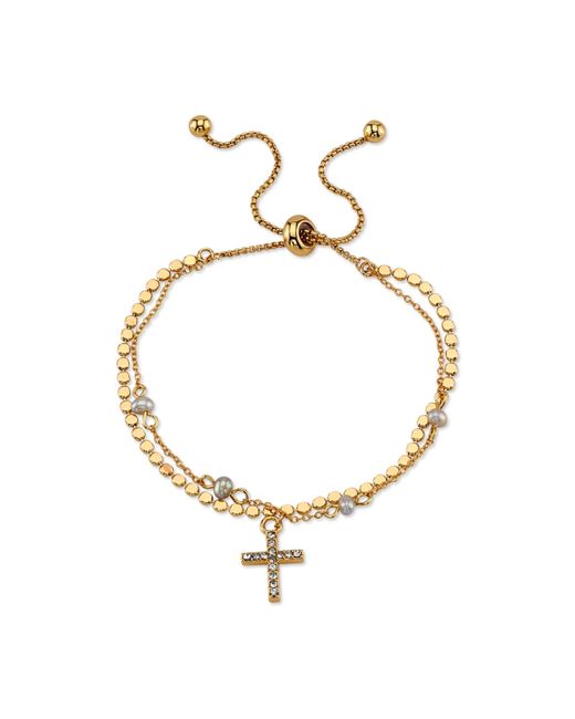 Unwritten 14K Flash-Plated Gray Fresh Water Pearl and Crystal Cross Double Strand Bolo Bracelet