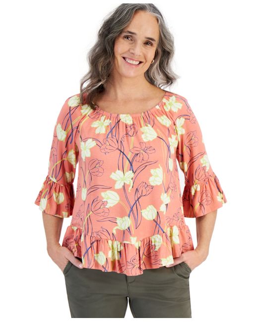 Style & Co Printed On-Off Ruffle Sleeve Knit Top Created for