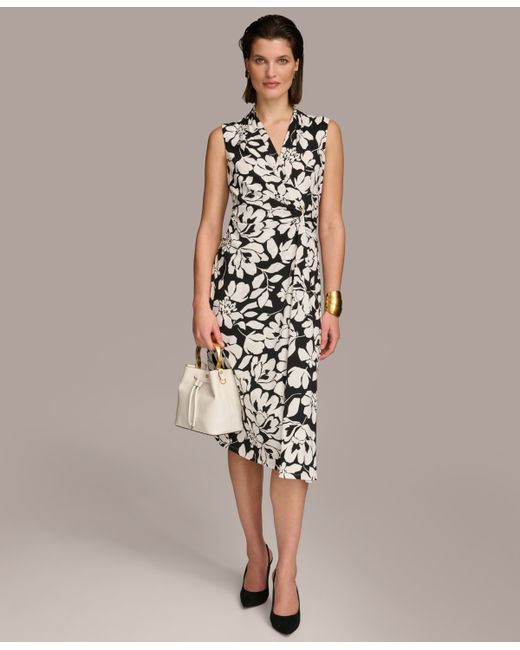 Donna Karan Floral Print Gathered Sleeveless Midi Dress