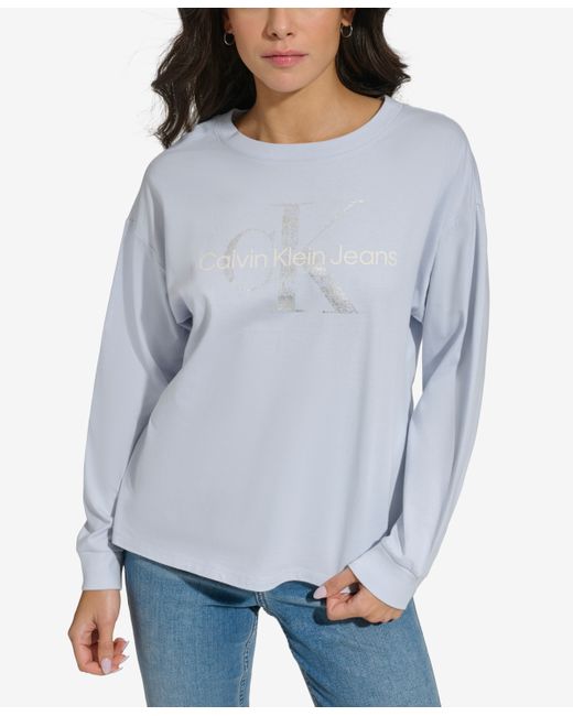 Calvin Klein Jeans Monogram Logo Long-Sleeve T-Shirt Silver