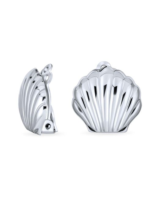 Bling Jewelry Carved Seashell Shaped Nautical Polished Clip On Earrings For Non Pierced Ears.925 Sterling Alloy