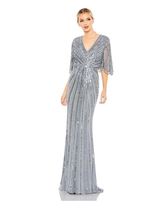 Mac Duggal Sequined V Neck Cape Sleeve Column Gown